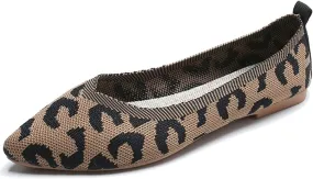 Husmeu Women's Pointed-Toe Ballet Flat Shoes Knit Classic Ballet Flats Walking Shoes Casual Formal Comfortable Slip-On Flat Shoes Leopard Khaki