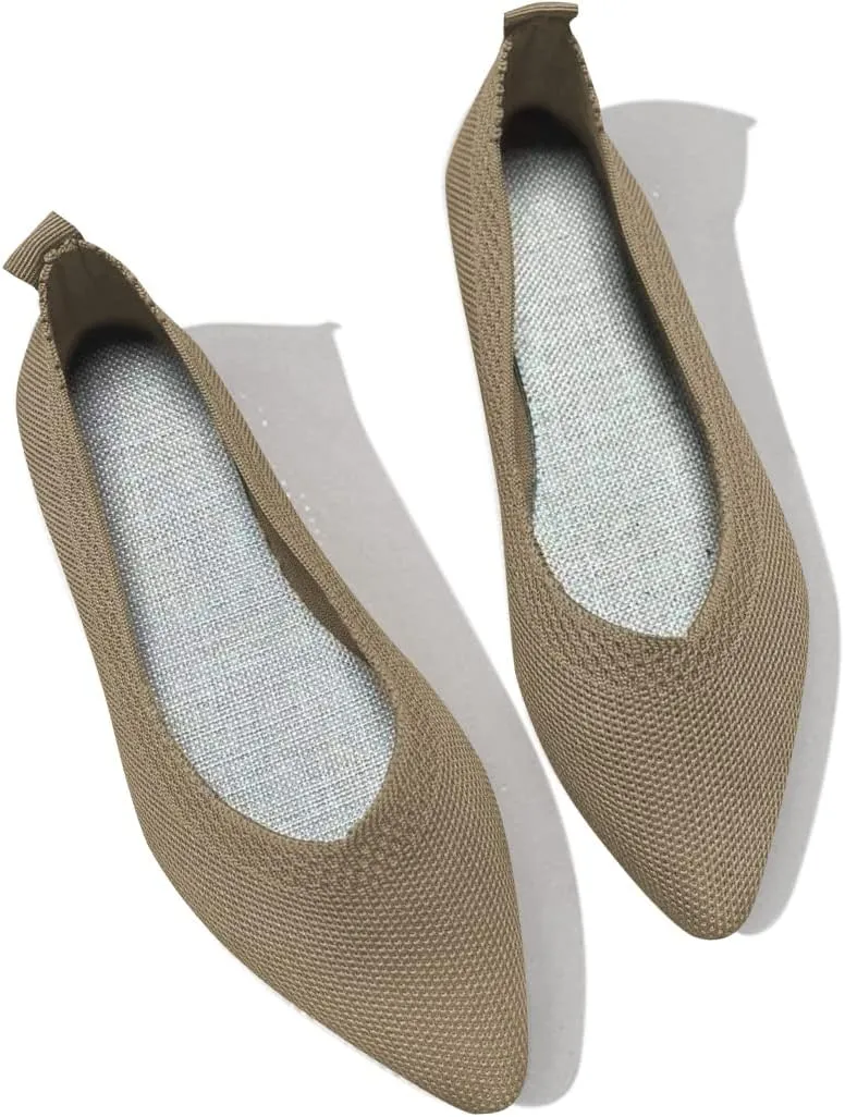 Husmeu Women's Pointed-Toe Ballet Flat Shoes Knit Classic Ballet Flats Walking Shoes Casual Formal Comfortable Slip-On Flat Shoes Leopard Khaki