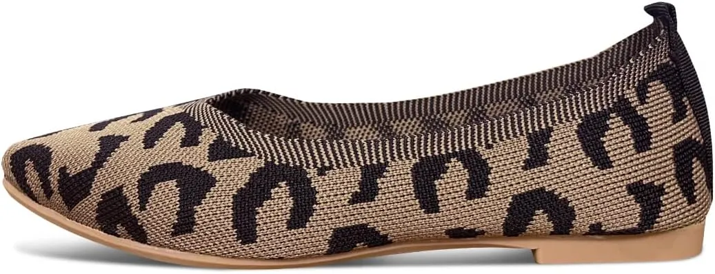 Husmeu Women's Pointed-Toe Ballet Flat Shoes Knit Classic Ballet Flats Walking Shoes Casual Formal Comfortable Slip-On Flat Shoes Leopard Khaki