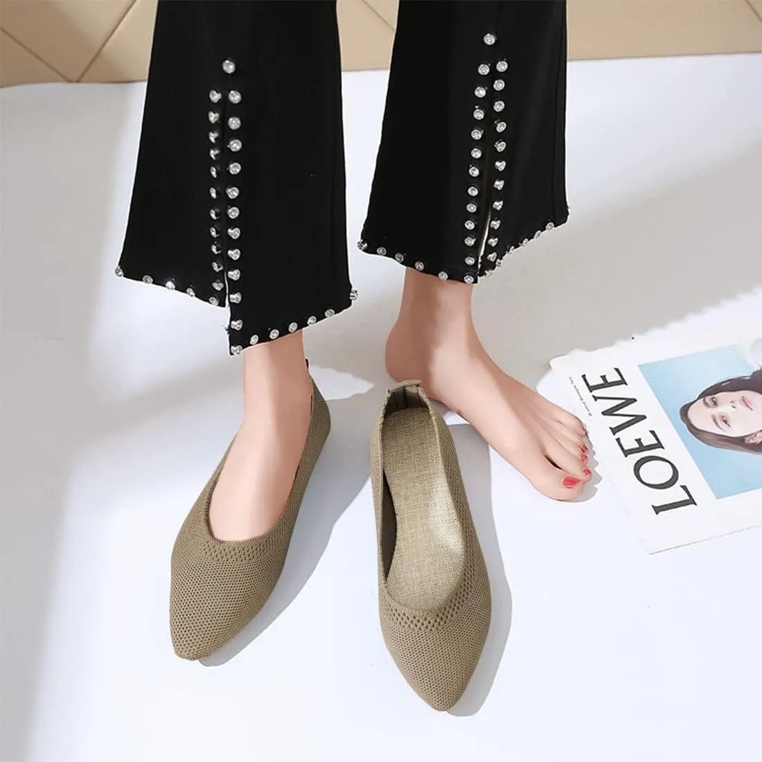 Husmeu Women's Pointed-Toe Ballet Flat Shoes Knit Classic Ballet Flats Walking Shoes Casual Formal Comfortable Slip-On Flat Shoes Leopard Khaki