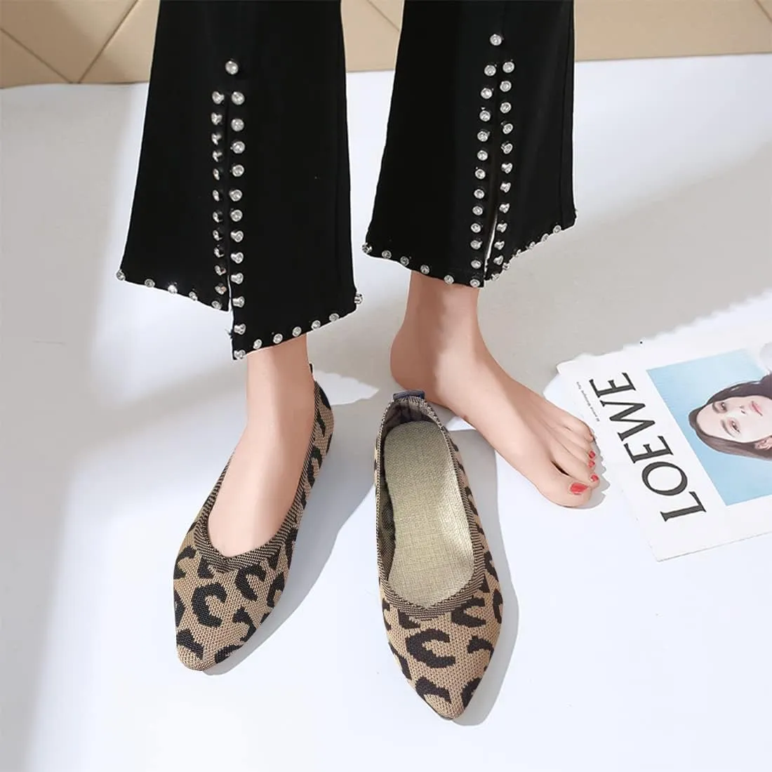 Husmeu Women's Pointed-Toe Ballet Flat Shoes Knit Classic Ballet Flats Walking Shoes Casual Formal Comfortable Slip-On Flat Shoes Leopard Khaki
