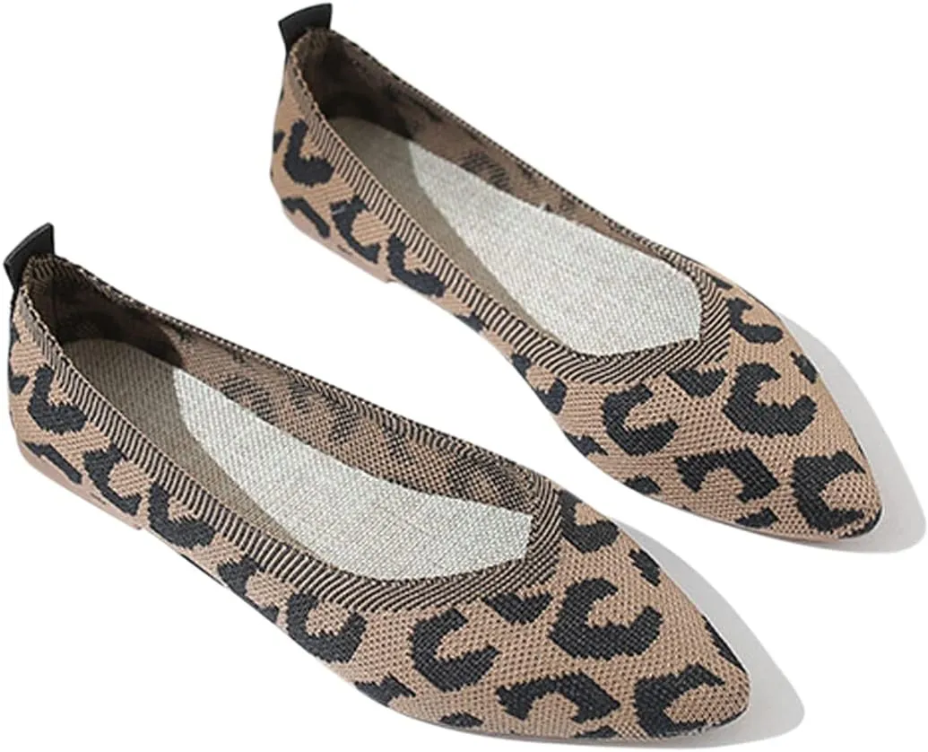 Husmeu Women's Pointed-Toe Ballet Flat Shoes Knit Classic Ballet Flats Walking Shoes Casual Formal Comfortable Slip-On Flat Shoes Leopard Khaki