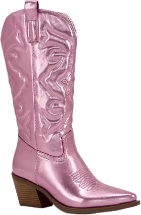 Ladmiple Cowgirl Boots Women Mid Calf Embroidered Pull On Cowboy Boots Block Chunky Heel Western Riding Wedding Boots
