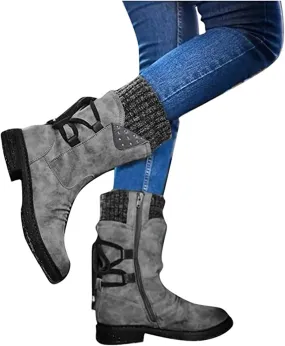 Lausiuoe Boots For Women Low Heel Mid Calf Pull On Winter Boots Side Zip Slouchy Western Cowboy Booties Non Slip Outdoor Shoes