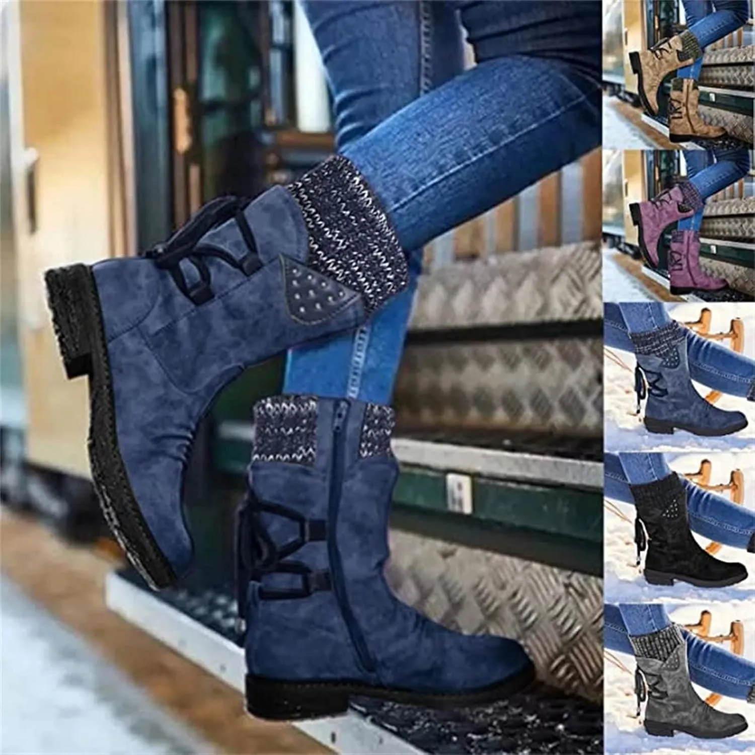 Lausiuoe Boots For Women Low Heel Mid Calf Pull On Winter Boots Side Zip Slouchy Western Cowboy Booties Non Slip Outdoor Shoes