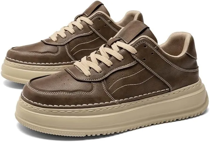 Men's Leather Lace-Up Sneakers Comfort Walking Shoes Cushioned Sole Elevator Shoes for Men Casual Skate