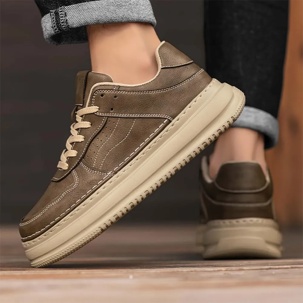 Men's Leather Lace-Up Sneakers Comfort Walking Shoes Cushioned Sole Elevator Shoes for Men Casual Skate