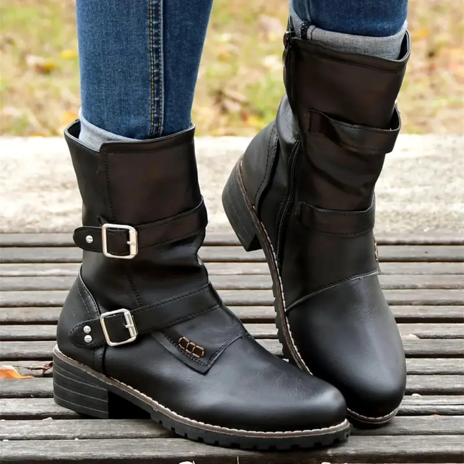 Mid Calf Boots for Women Low Hee Ankle Boots for Women Comfy Large Size Boots Round Toe Work Women's Leather Boots