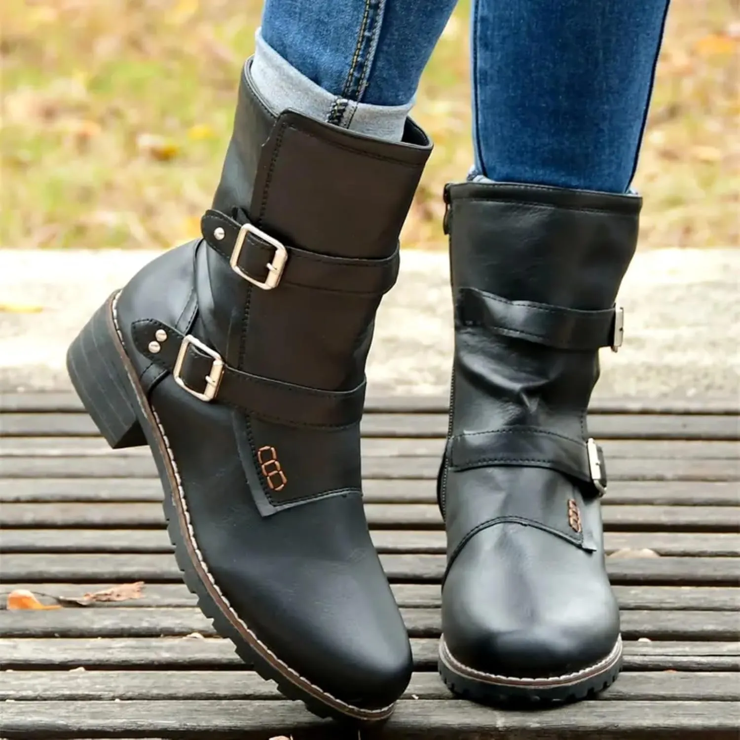 Mid Calf Boots for Women Low Hee Ankle Boots for Women Comfy Large Size Boots Round Toe Work Women's Leather Boots