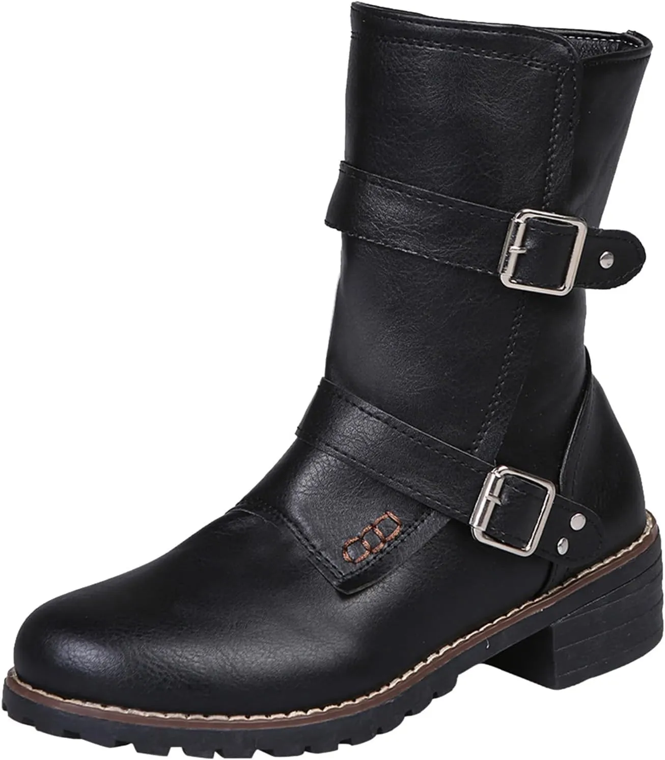 Mid Calf Boots for Women Low Hee Ankle Boots for Women Comfy Large Size Boots Round Toe Work Women's Leather Boots