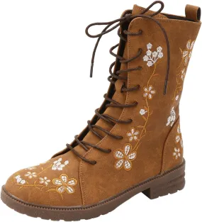Mid Calf Boots for Women Retro Printed Embroidered Women's Heel Monochrome Fashion Short Boots Non Rain 8 Wide