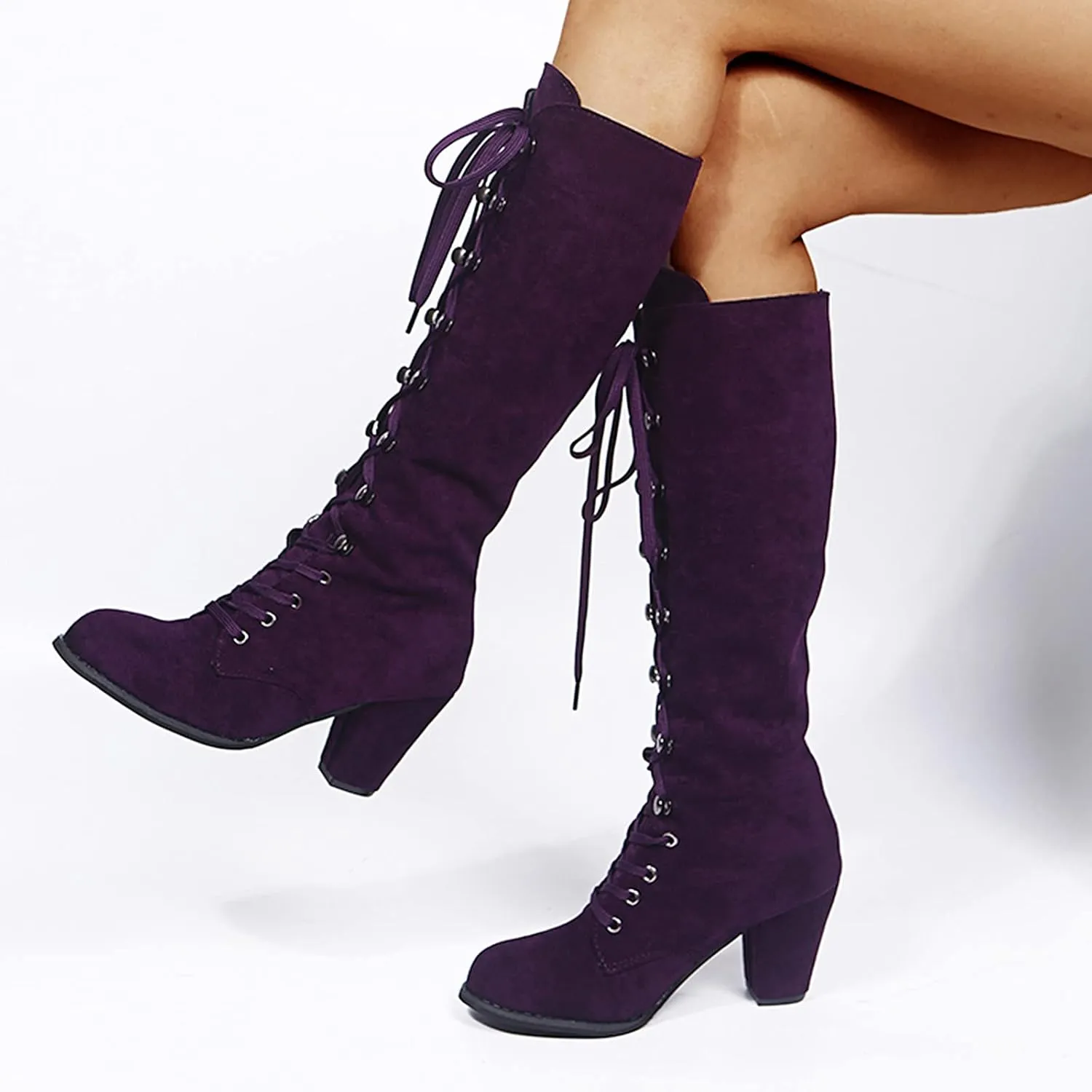 White Cowgirl Boots Retro Vintage Lace-Up Thigh High Boots Suede Low Chunky Heels Knee High Long Boots