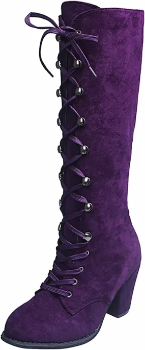 White Cowgirl Boots Retro Vintage Lace-Up Thigh High Boots Suede Low Chunky Heels Knee High Long Boots