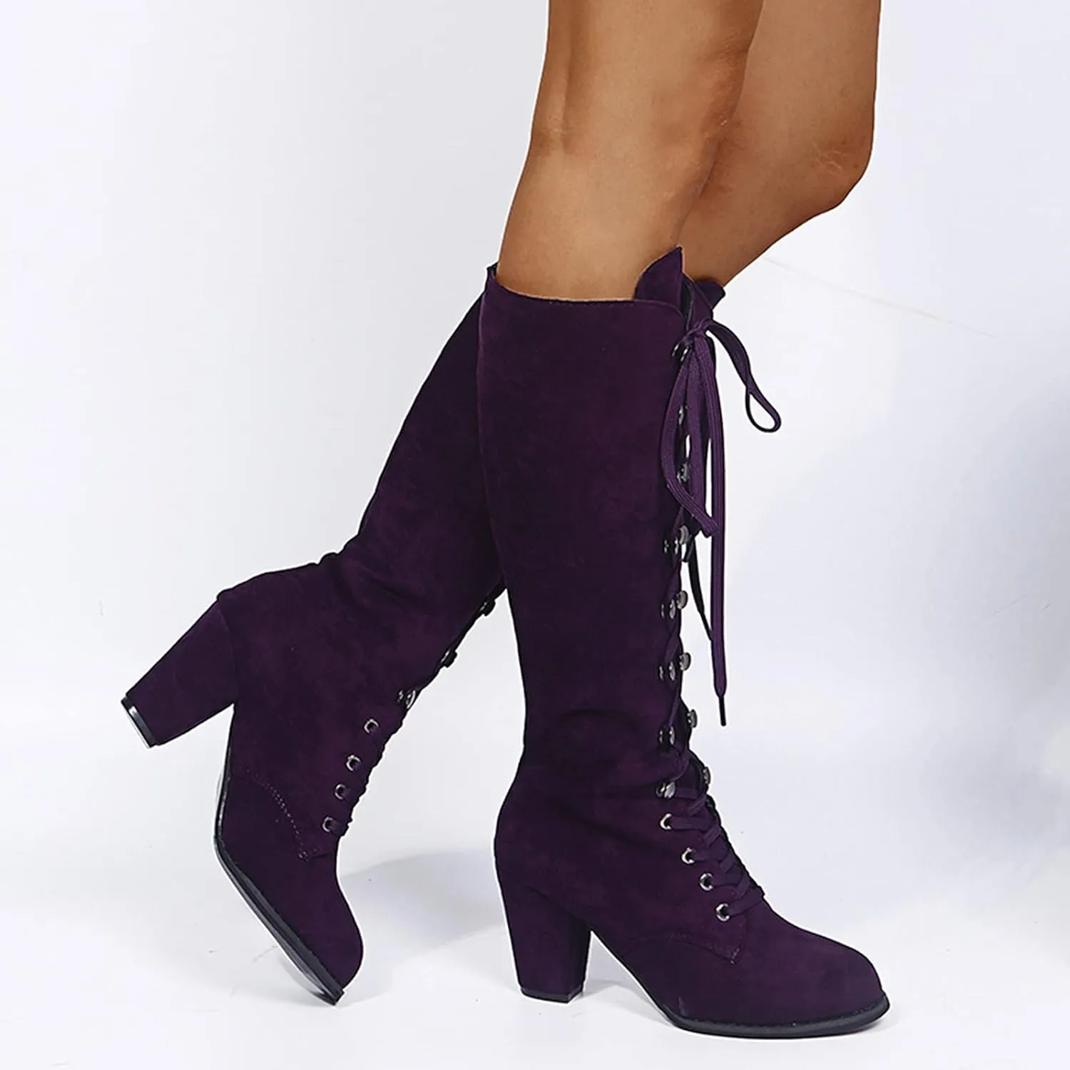 White Cowgirl Boots Retro Vintage Lace-Up Thigh High Boots Suede Low Chunky Heels Knee High Long Boots