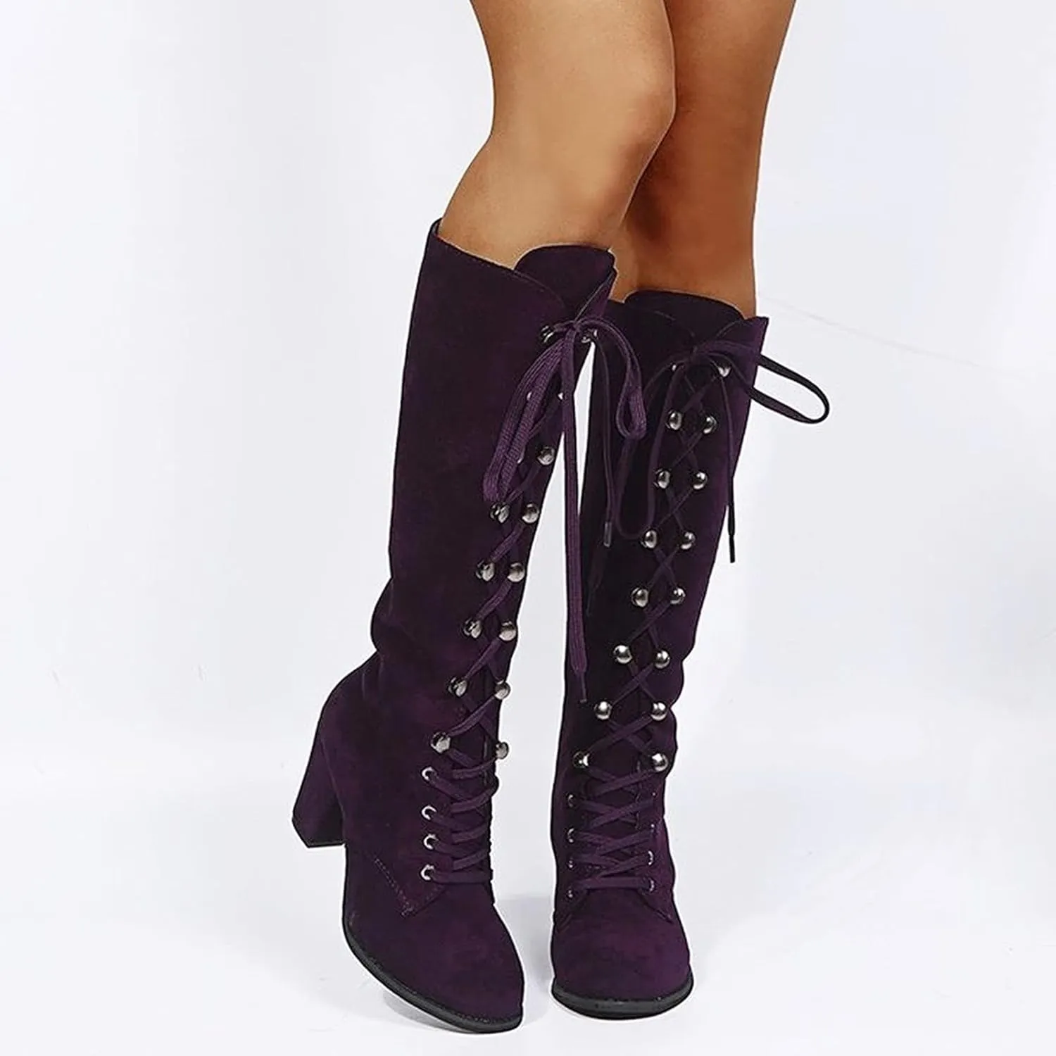 White Cowgirl Boots Retro Vintage Lace-Up Thigh High Boots Suede Low Chunky Heels Knee High Long Boots