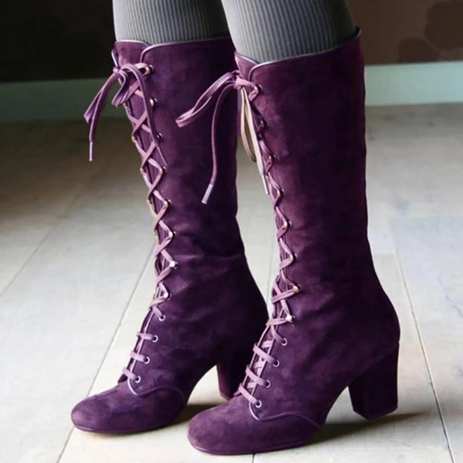 White Cowgirl Boots Retro Vintage Lace-Up Thigh High Boots Suede Low Chunky Heels Knee High Long Boots