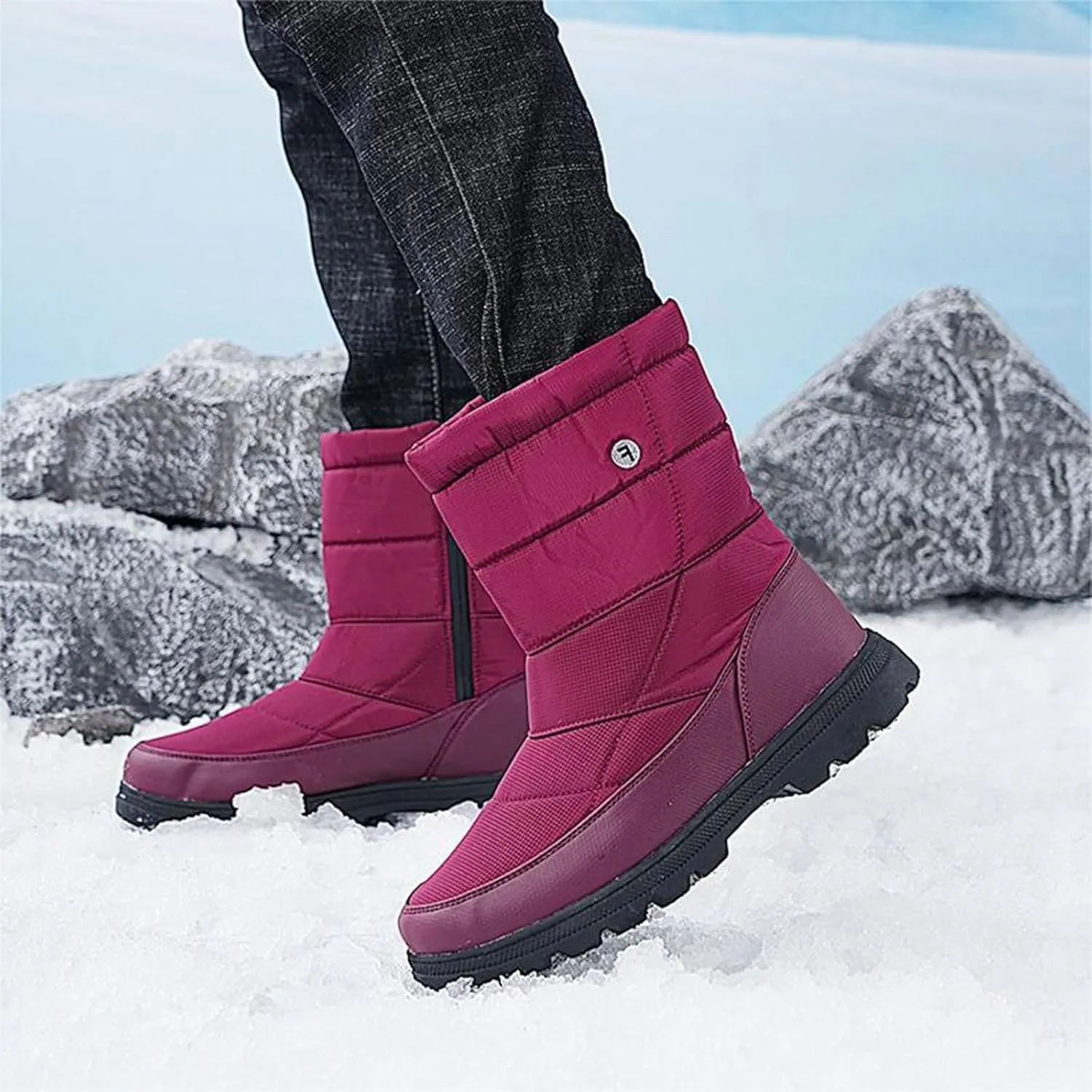 Winter Boots for Women Slip On Comfortable Mid Calf Winter Boot Waterproof Outdoor Fur Lined Hiking Shoes