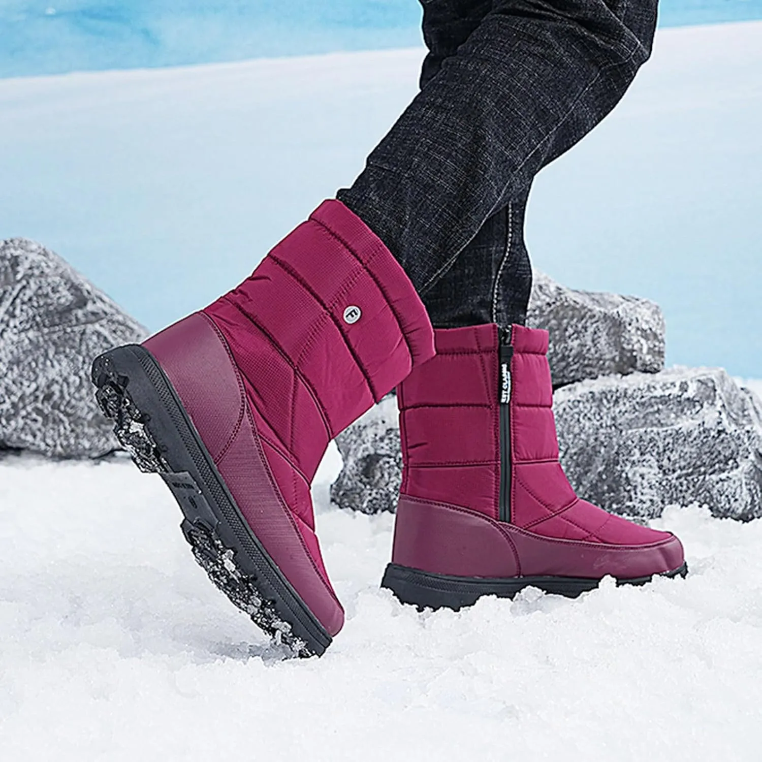 Winter Boots for Women Slip On Comfortable Mid Calf Winter Boot Waterproof Outdoor Fur Lined Hiking Shoes