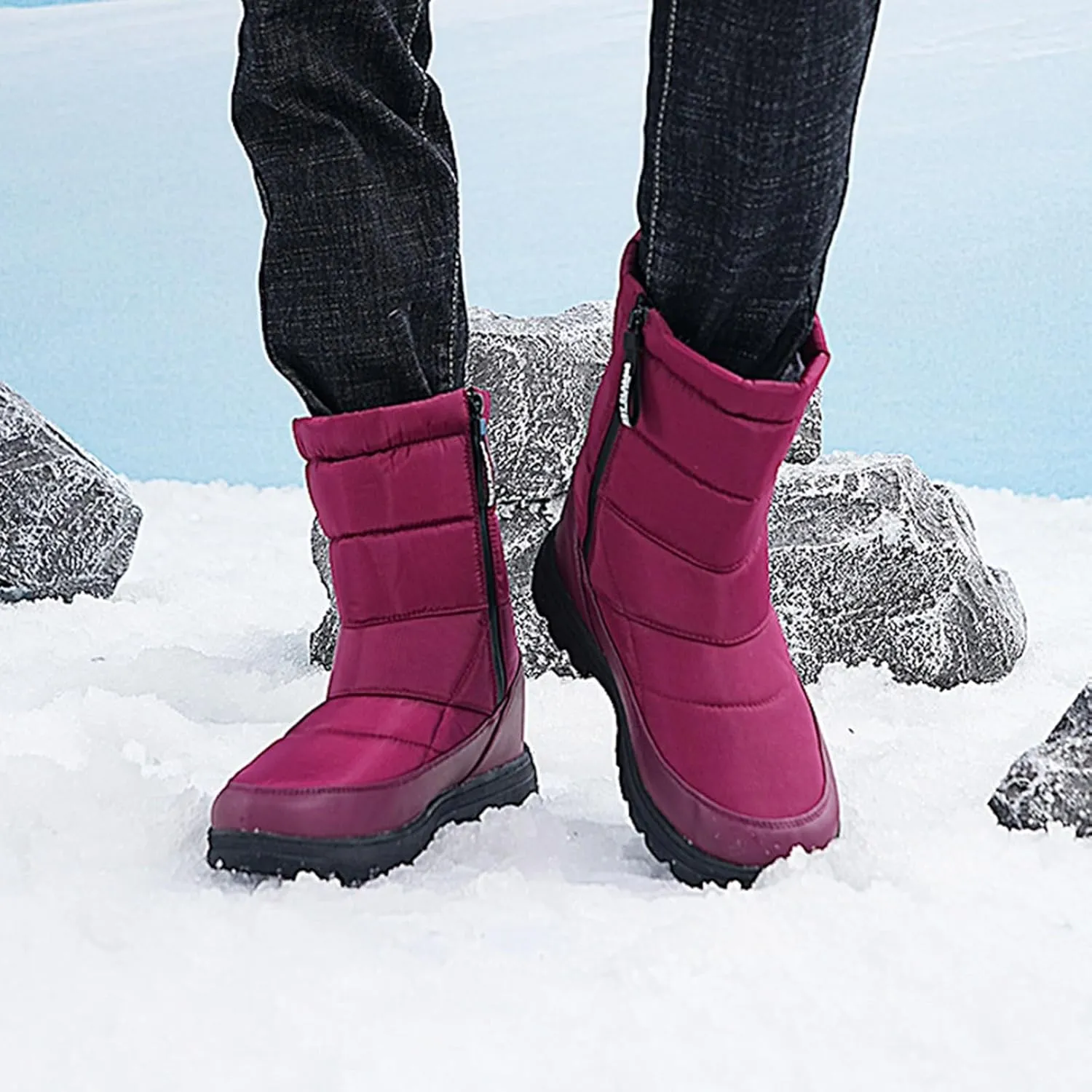 Winter Boots for Women Slip On Comfortable Mid Calf Winter Boot Waterproof Outdoor Fur Lined Hiking Shoes