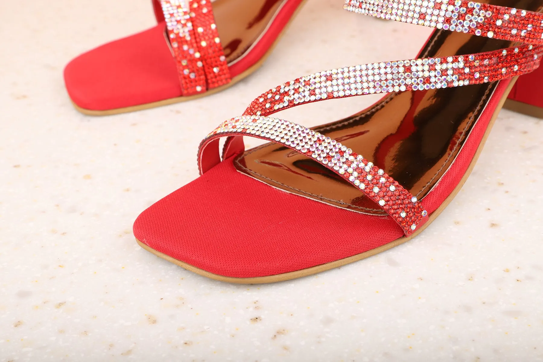 Women Red Embellished Block Heels