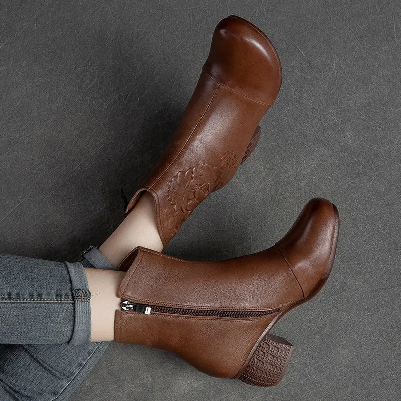 Women Retro Figured Leather Chunky Heel Mid-Calf Boots