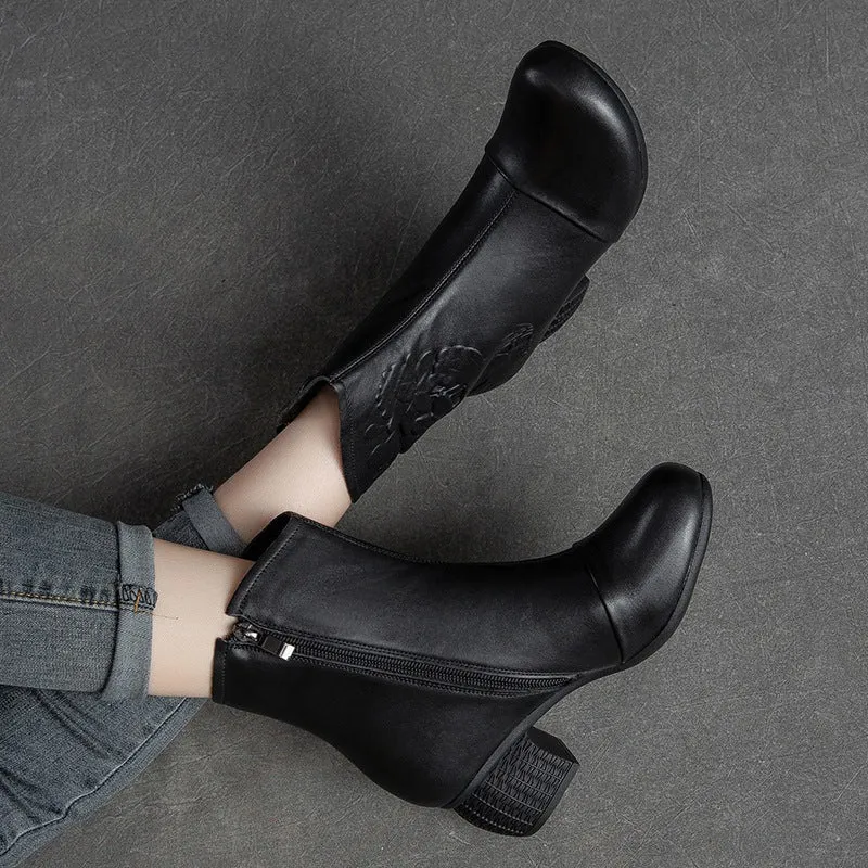 Women Retro Figured Leather Chunky Heel Mid-Calf Boots