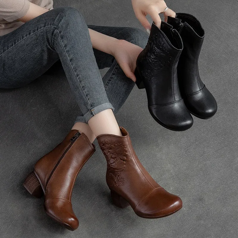 Women Retro Figured Leather Chunky Heel Mid-Calf Boots
