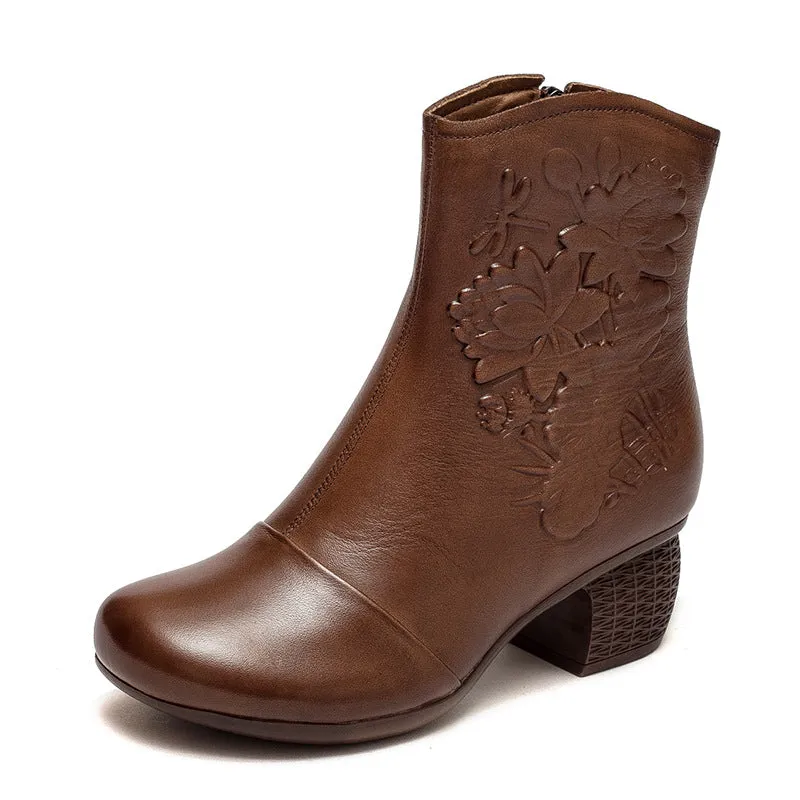 Women Retro Figured Leather Chunky Heel Mid-Calf Boots