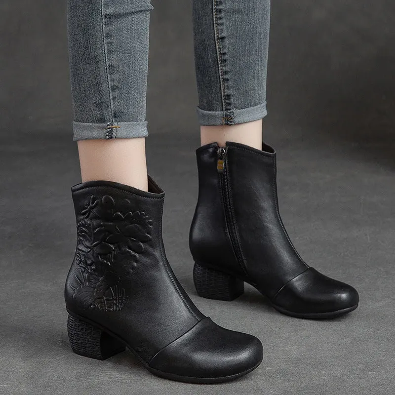 Women Retro Figured Leather Chunky Heel Mid-Calf Boots
