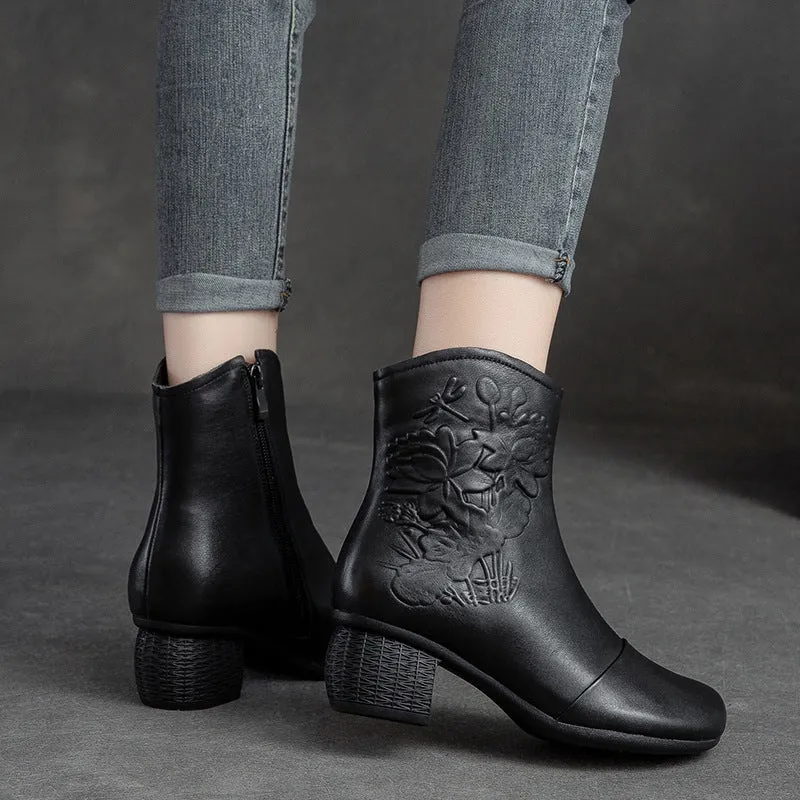Women Retro Figured Leather Chunky Heel Mid-Calf Boots