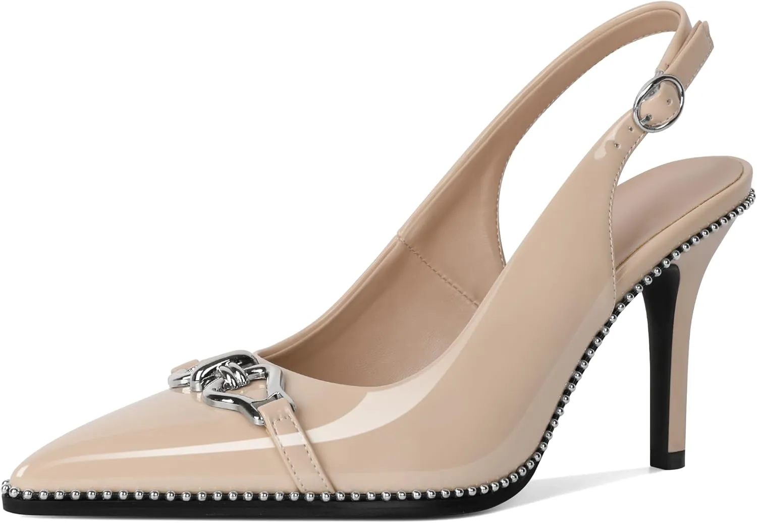 Women Slingback Pumps Pointed Toe Stiletto High Heels Beaded Heels 3.4 Inches Dress Pumps Shoes