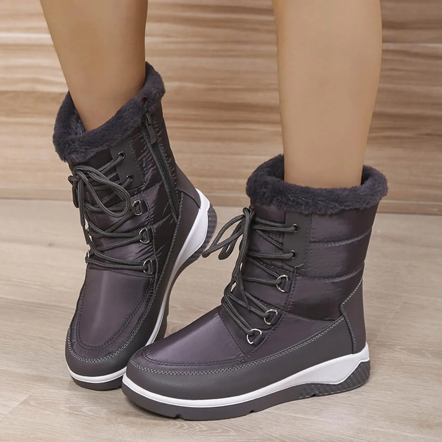 Women's Mid Calf Snow Boots Cold Proof Insulated Winter Boots Solid Lace Up Boots Thick Bottom Non Slip Boot