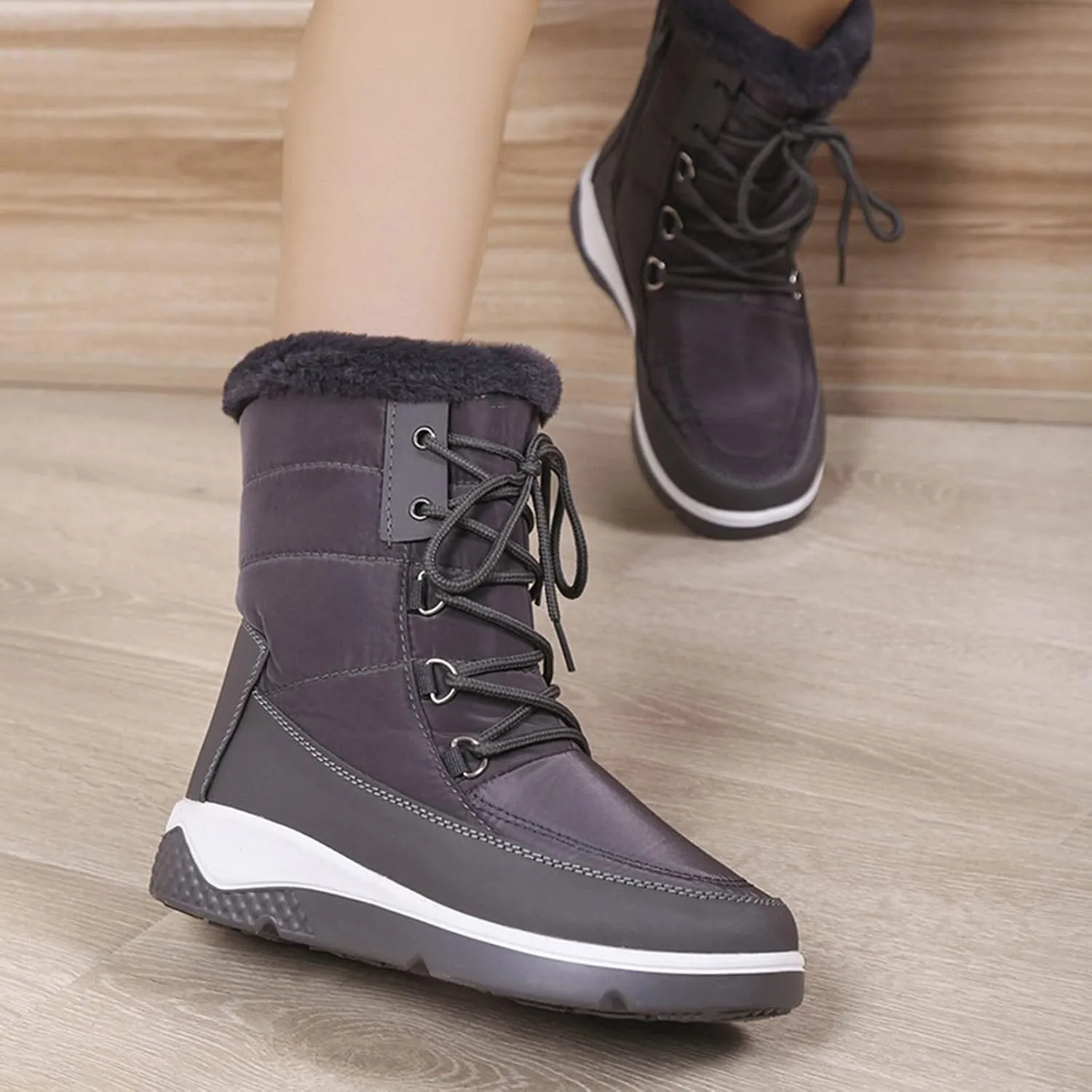 Women's Mid Calf Snow Boots Cold Proof Insulated Winter Boots Solid Lace Up Boots Thick Bottom Non Slip Boot