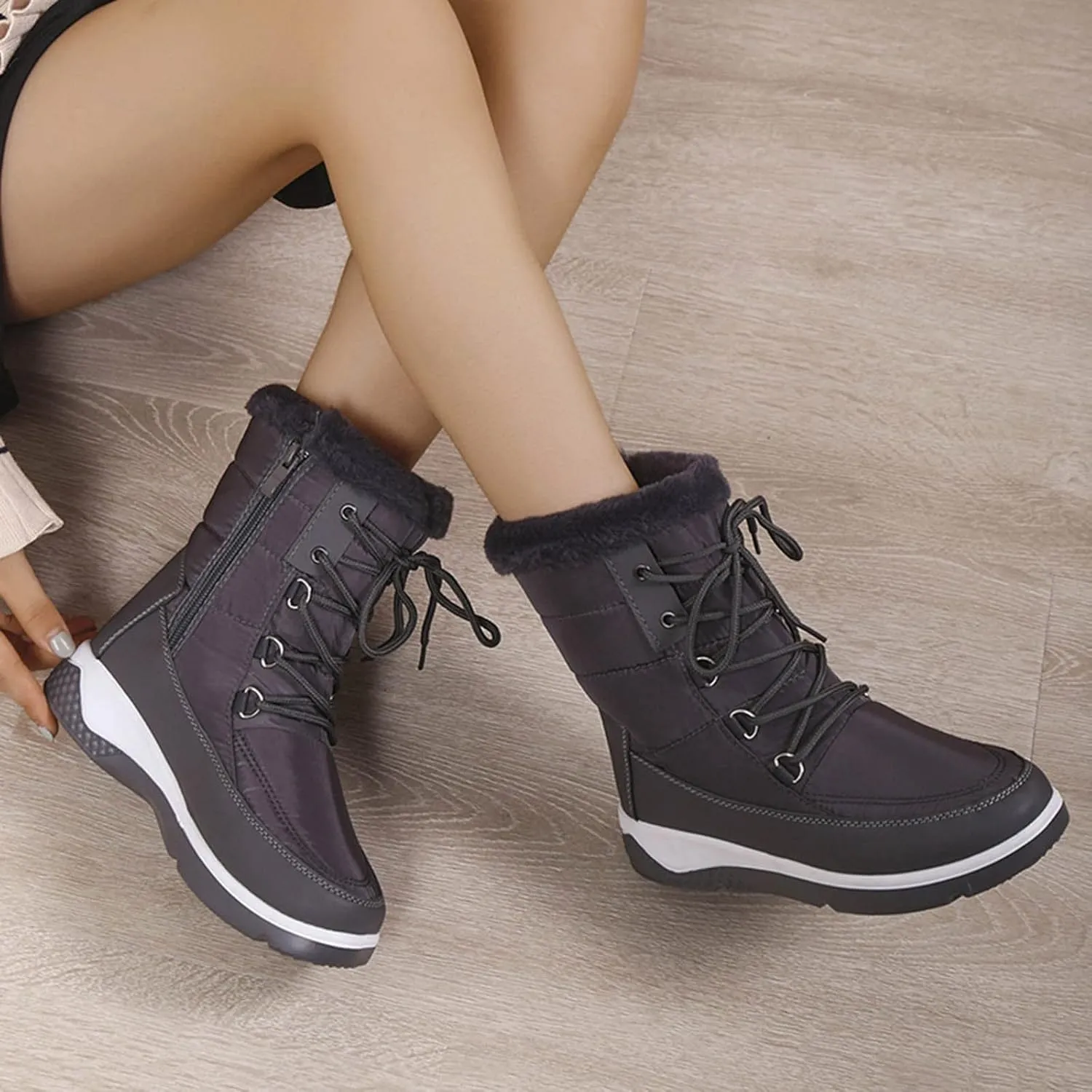 Women's Mid Calf Snow Boots Cold Proof Insulated Winter Boots Solid Lace Up Boots Thick Bottom Non Slip Boot