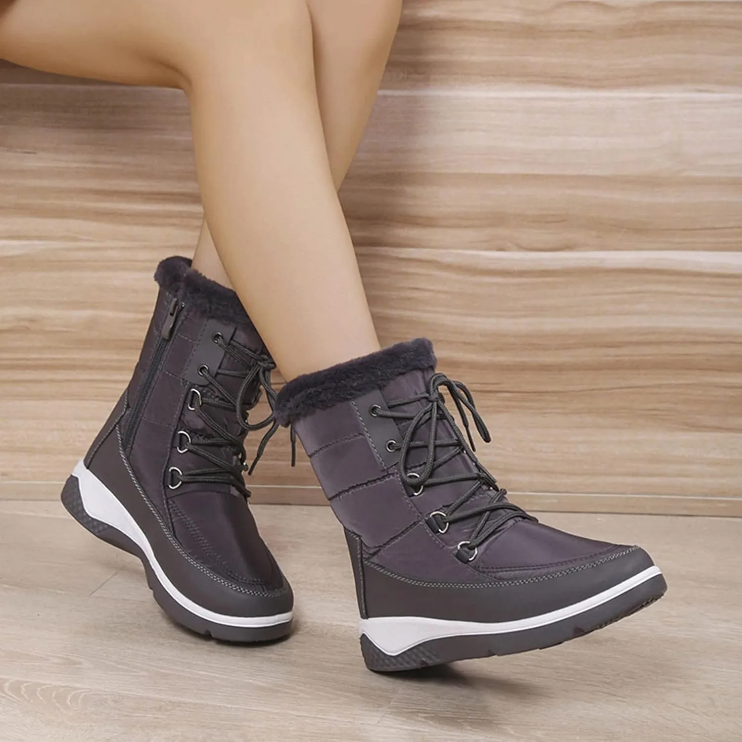 Women's Mid Calf Snow Boots Cold Proof Insulated Winter Boots Solid Lace Up Boots Thick Bottom Non Slip Boot