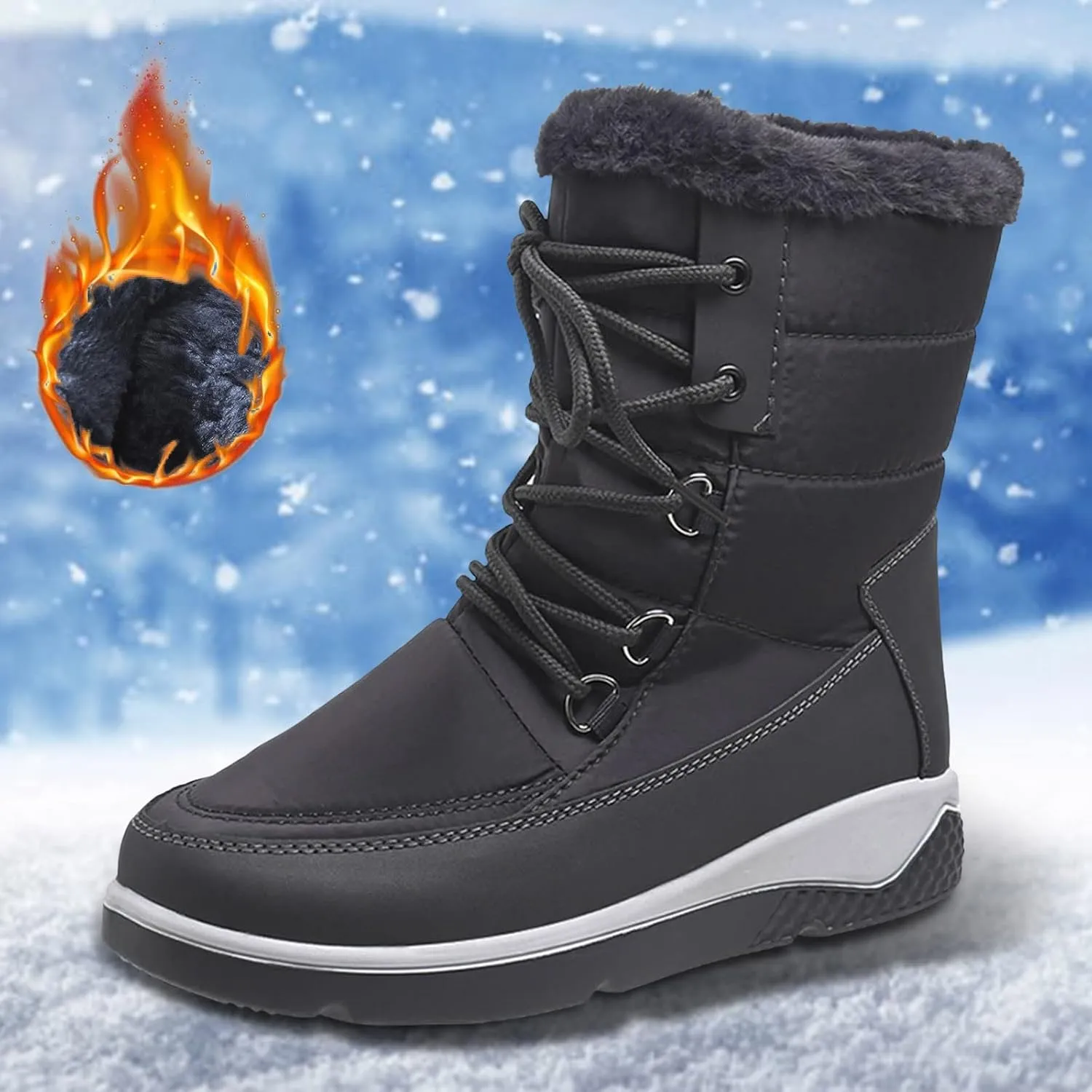 Women's Mid Calf Snow Boots Cold Proof Insulated Winter Boots Solid Lace Up Boots Thick Bottom Non Slip Boot