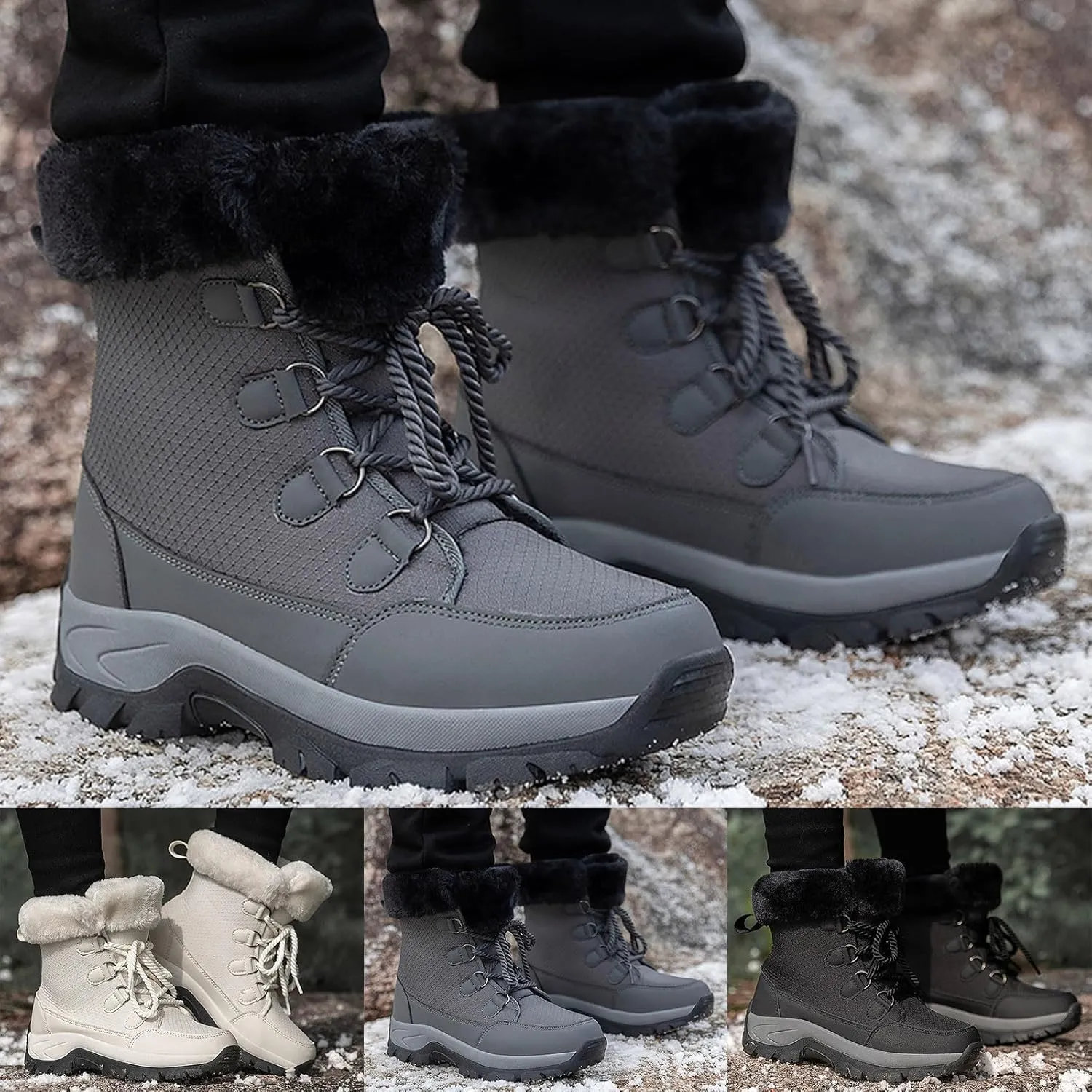 Women's Plush Thick Bottom Snow Boots Water Proof Insulated Winter Boots Fashion Lace Up Non Snow Boots for Women Ice