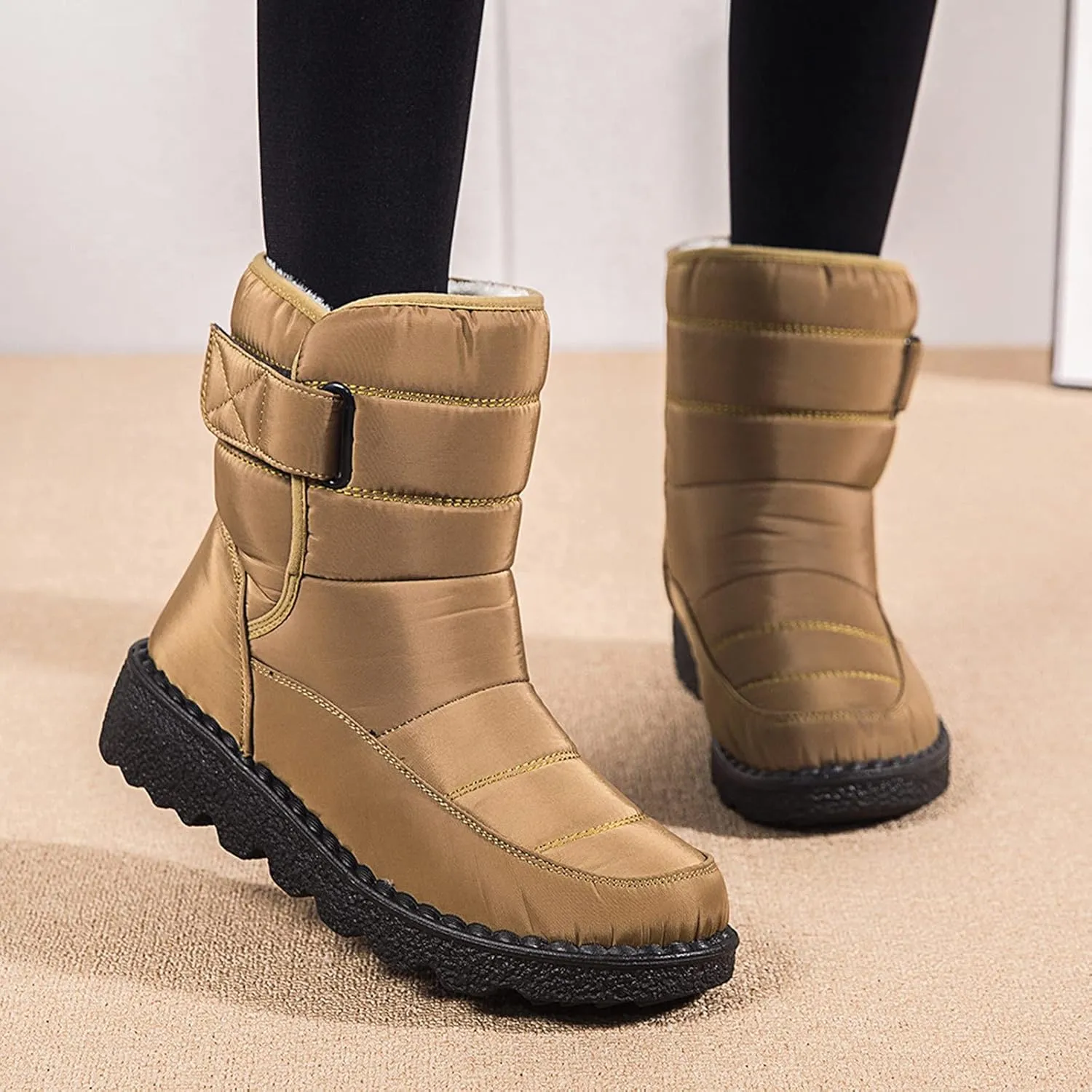 Womens Winter Snow Boots Waterproof Warm Fur Lining Mid Calf Boots Hook Loop Comfortable Outdoor Shoes