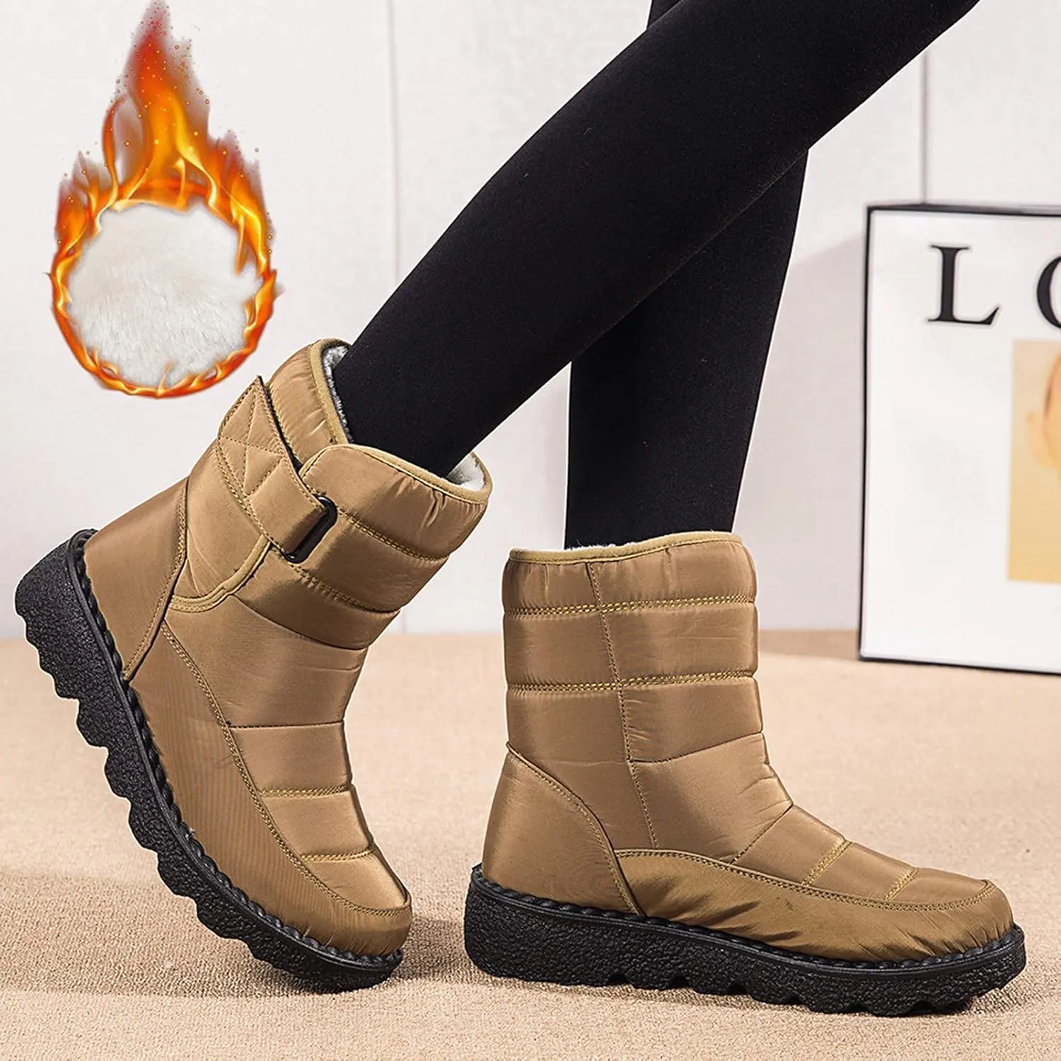 Womens Winter Snow Boots Waterproof Warm Fur Lining Mid Calf Boots Hook Loop Comfortable Outdoor Shoes