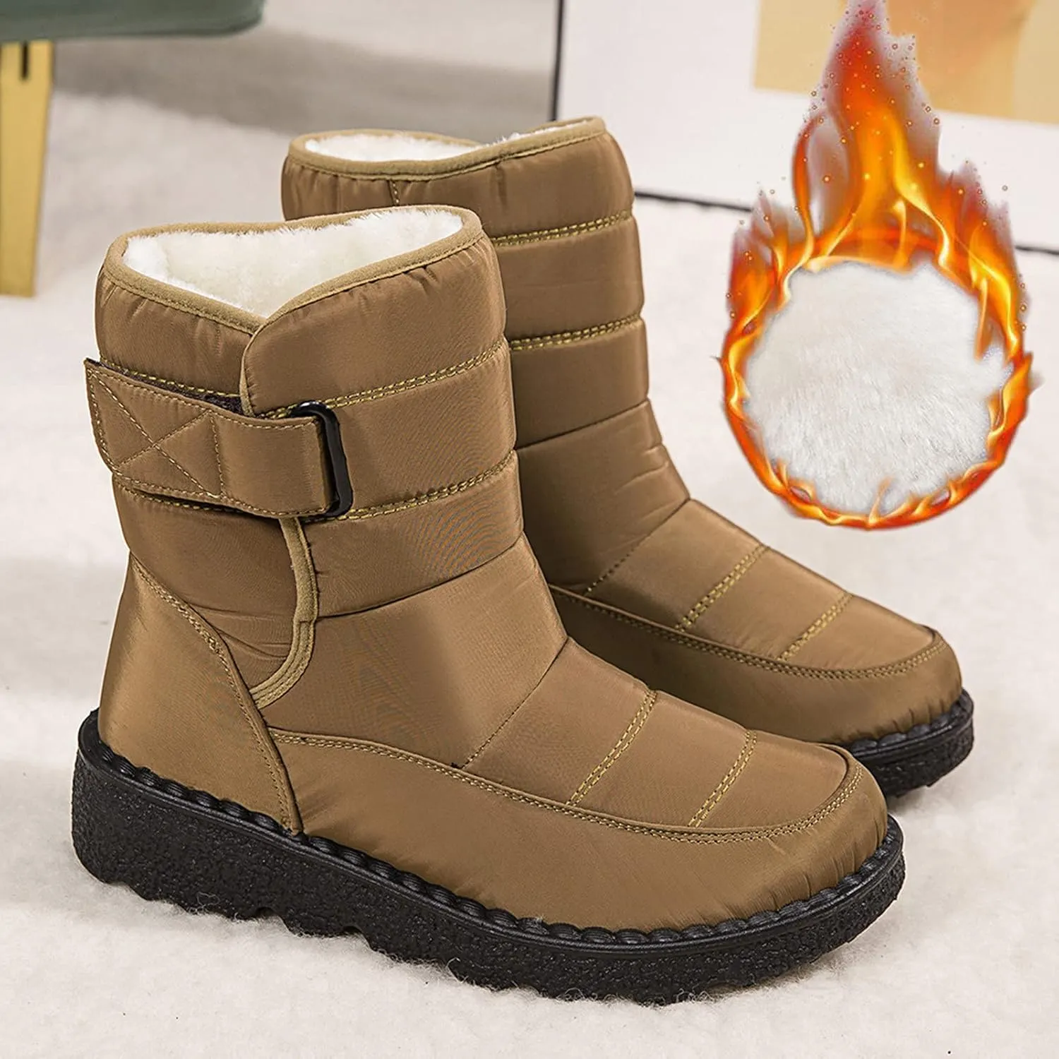 Womens Winter Snow Boots Waterproof Warm Fur Lining Mid Calf Boots Hook Loop Comfortable Outdoor Shoes