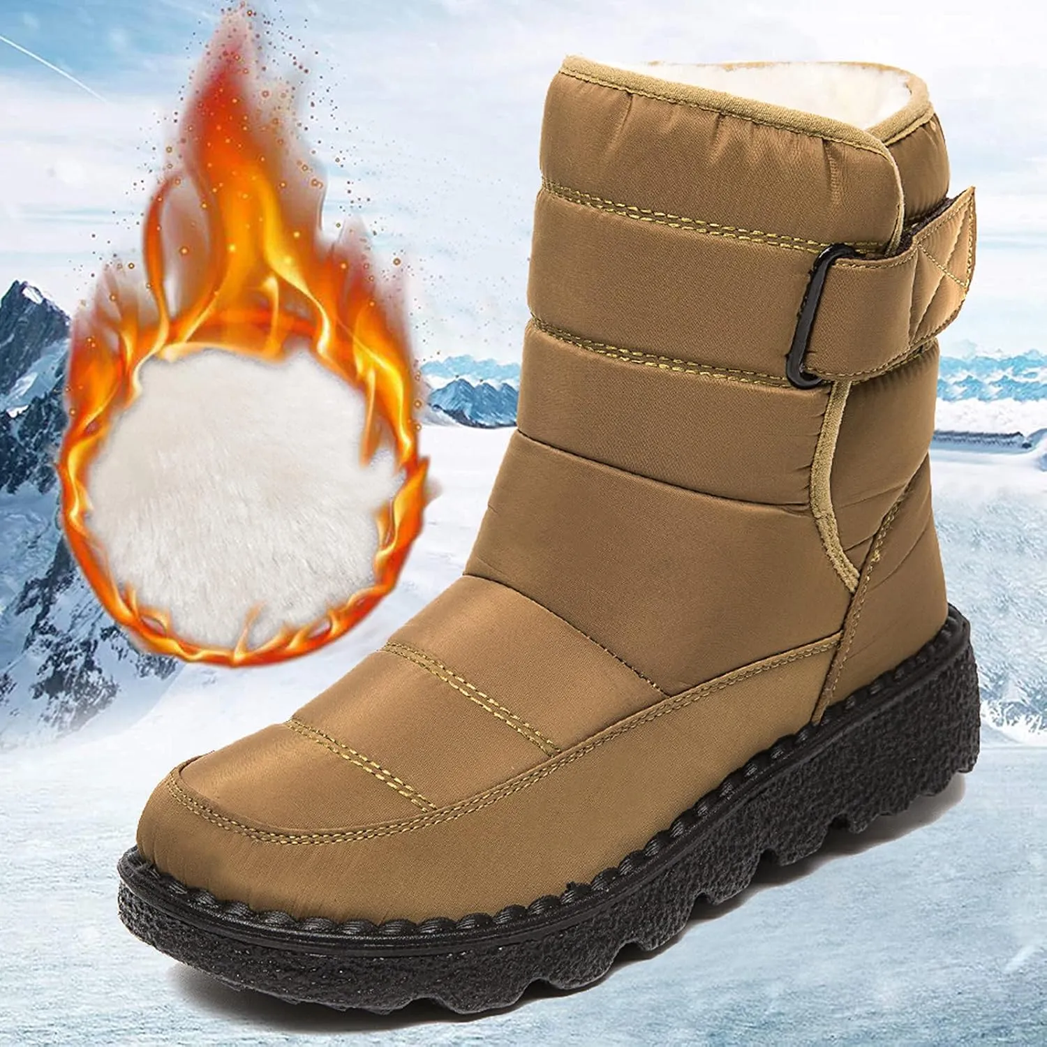 Womens Winter Snow Boots Waterproof Warm Fur Lining Mid Calf Boots Hook Loop Comfortable Outdoor Shoes