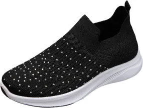 ZSpzx Orthopedic Rhinestones Walking Sneakers for Women Low Top Slip On Cushioned Footbed Ladies Jogging Tennis Sneaker Arch Support Soft Padded Breathable Comfy Shoes Plantar Fasciitis Footwear